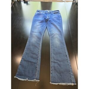State of Independence Flare Jeans Size 3 Dark Wash Heavy Stitch Raw Hem Y2K Boho